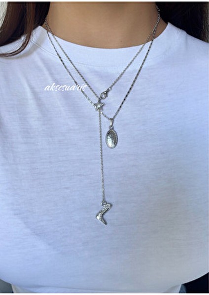 2'li Kovboy Çizme Y Kolye Pole Star Gümüş Kolye Kombin Set