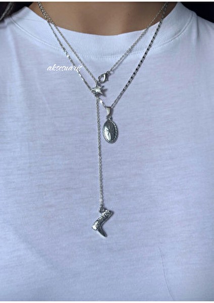 2'li Kovboy Çizme Y Kolye Pole Star Gümüş Kolye Kombin Set modelleri