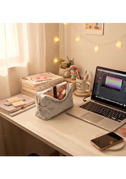 Elyaf Dolgulu, Şık Kareli Makyaj Çantası Büyük Boy 23X10 modelleri