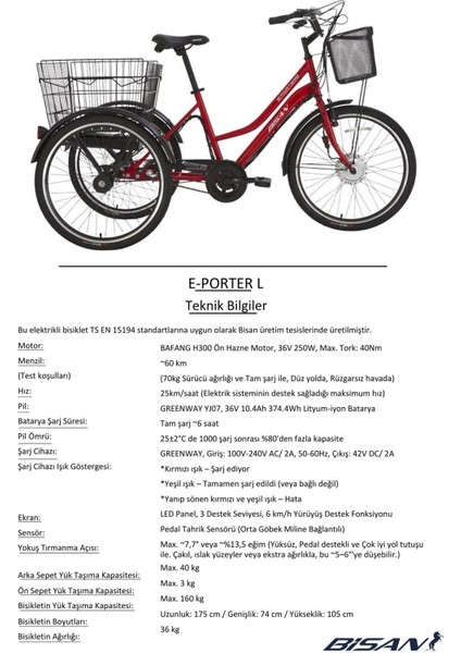 E - Porter Lityum Elektrikli Bisiklet 44 cm V - Roller Fren 3 Vites 24 Jant Bayrak Kırmızısı Beyaz fırsatları