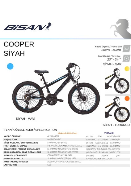Cooper Çocuk Bisikleti 28 cm Md 20 Jant 21 Vites Mat Siyah Sarı