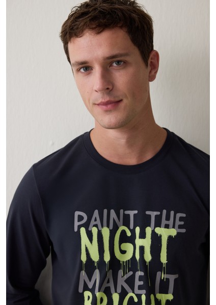 Çizgili Night Erkek Bisiklet Yaka Uzun Kollu Pijama Takımı