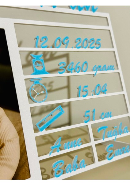 Kişiye Özel 3D Yenidoğan Bilgi Tablosu - Çift Renk (Beyaz & Uzay Mavisi) fırsatları
