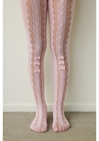 Pembe Kız Çocuk Kurdela Desenli Fiyonklu File Külotlu Çorap