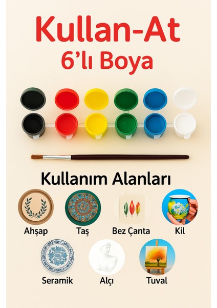 6'lı 4ml Akrilik Boya Fırça Hobi Aktivite Etkinlik Boyama, Çocuk Boyama Ahşap
