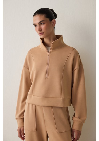 Açık Kahverengi Modal Dik Fermuar Yaka Sweatshirt