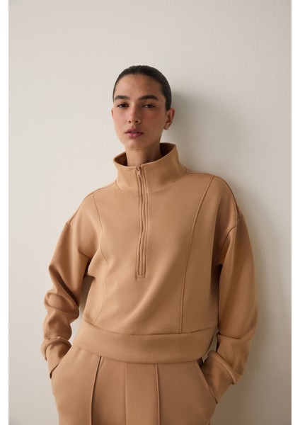 Açık Kahverengi Modal Dik Fermuar Yaka Sweatshirt