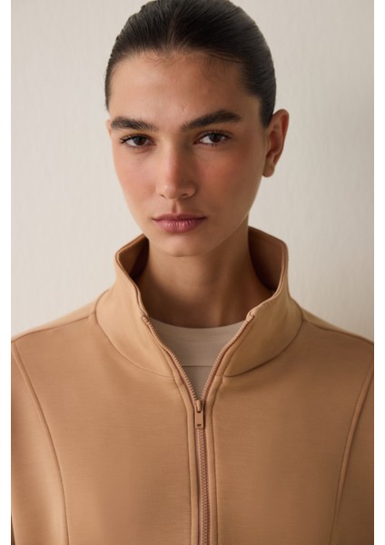 Açık Kahverengi Modal Dik Fermuar Yaka Sweatshirt