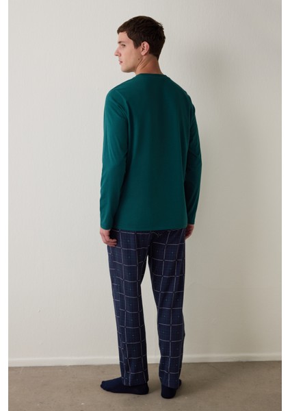 Yeşil Erkek Ski Ekoseli Bisiklet Yaka Pijama Takımı