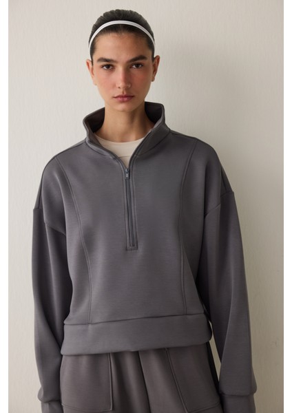 Gri Modal Dik Fermuar Yaka Sweatshirt