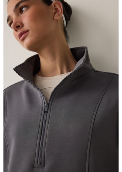 Gri Modal Dik Fermuar Yaka Sweatshirt