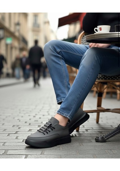 BA0332 Merdiven Desen Bağcıklı Erkek Yüksek Taban Füme Cilt Spor Ayakkabı