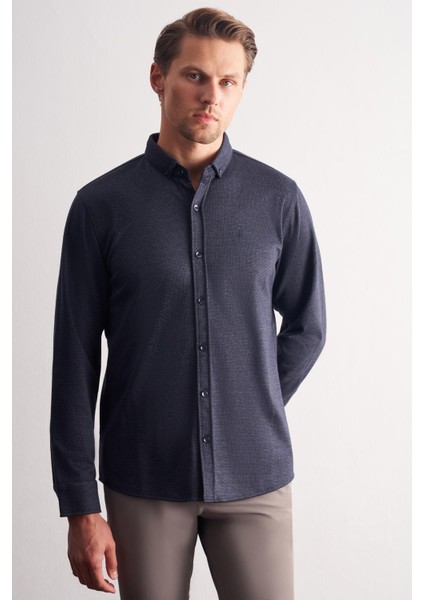 Koyu Lacivert Smart Düğmeli Yaka Uzun Kol Cepsiz Slim Fit Casual Gömlek 1004255171