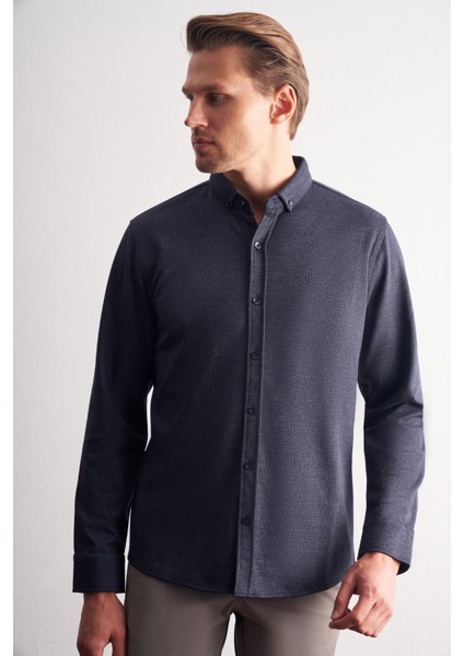 Koyu Lacivert Smart Düğmeli Yaka Uzun Kol Cepsiz Slim Fit Casual Gömlek 1004255171 modelleri