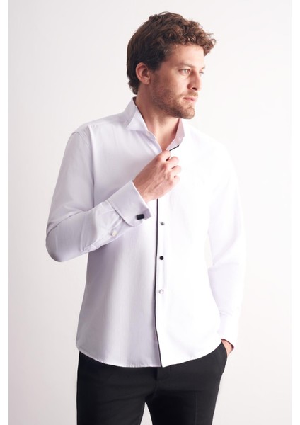 Beyaz Uzun Kol Ata Yaka Düz Pamuklu Slim Fit Gömlek 1004255215
