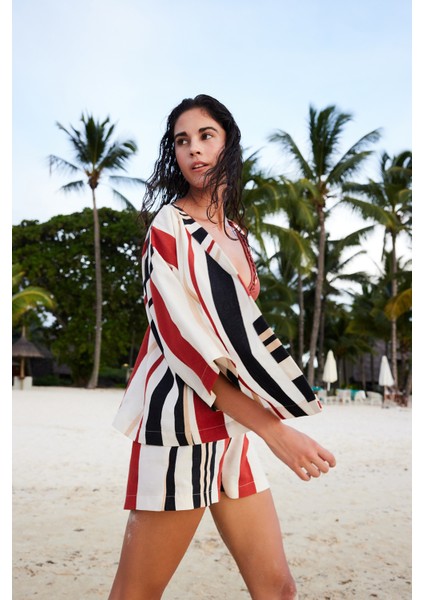 Shay Striped Etnik Desen V Yaka Oversize Kimono