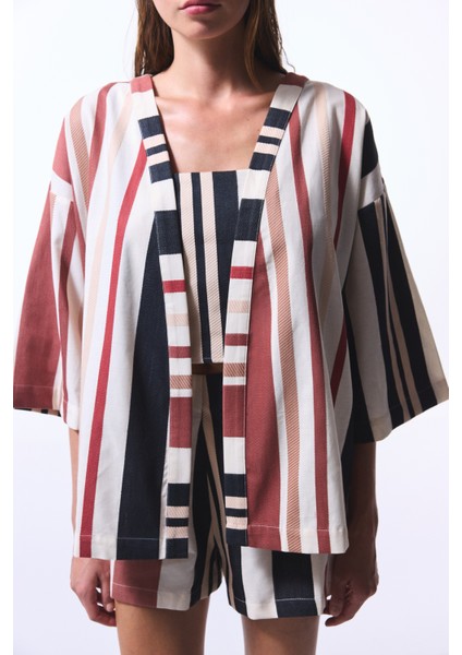 Shay Striped Etnik Desen V Yaka Oversize Kimono