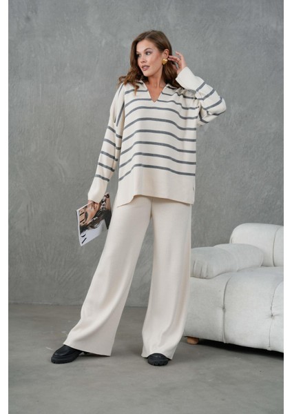 Kadın Gri Üstü Çizgili V Yakalı Alt-Üst Triko Takım 26051 fiyatları