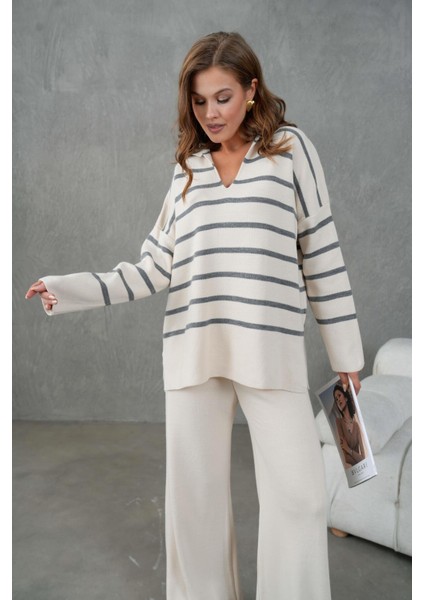 Kadın Gri Üstü Çizgili V Yakalı Alt-Üst Triko Takım 26051 modelleri