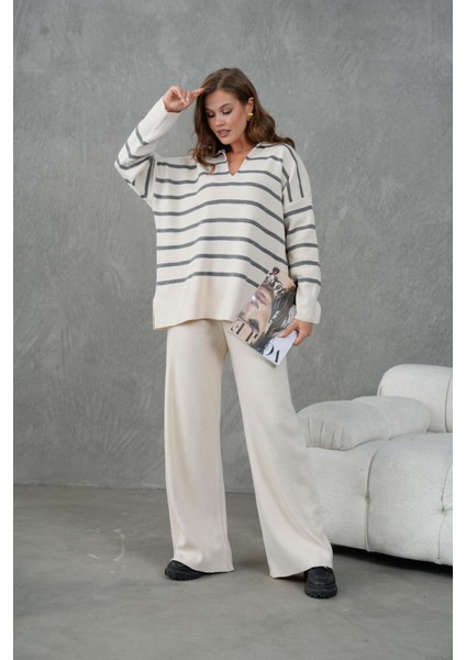 Kadın Gri Üstü Çizgili V Yakalı Alt-Üst Triko Takım 26051 fırsatları