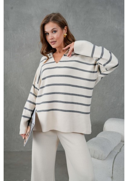 Kadın Gri Üstü Çizgili V Yakalı Alt-Üst Triko Takım 26051 indirimleri