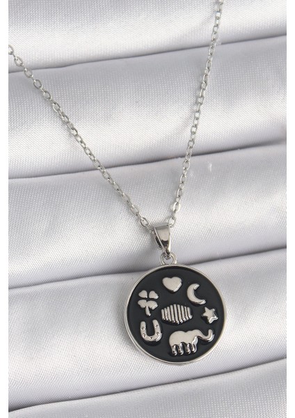 316L Çelik Gümüş Renk Siyah Renk Şans Kolyesi - TJ-BKO9546