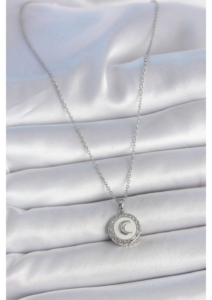 316L Çelik Gümüş Renk Zincir Beyaz Mineli Hilal İşlemeli Madalyon Model Kadın Kolye - TJ-BKO10034 fiyatları