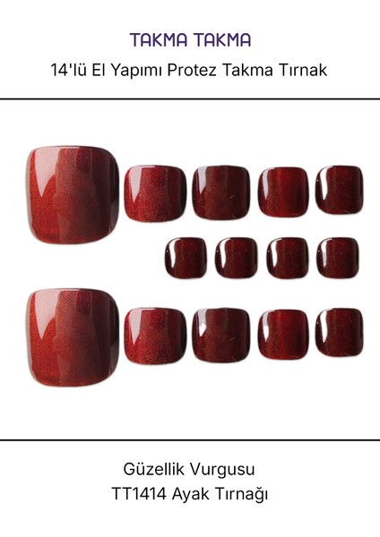 14'lü Bordo Ayak Tırnağı TT1414 Tekrar Kullanılabilir El Yapımı Protez Takma Tırnak - Bordo-S fırsatları