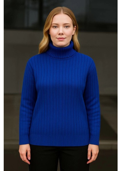 Balıkcı Yaka Bağazlı Triko Kazak Pamuklu Kalın Fitilli Dokuma - Saks Mavisi fiyatları