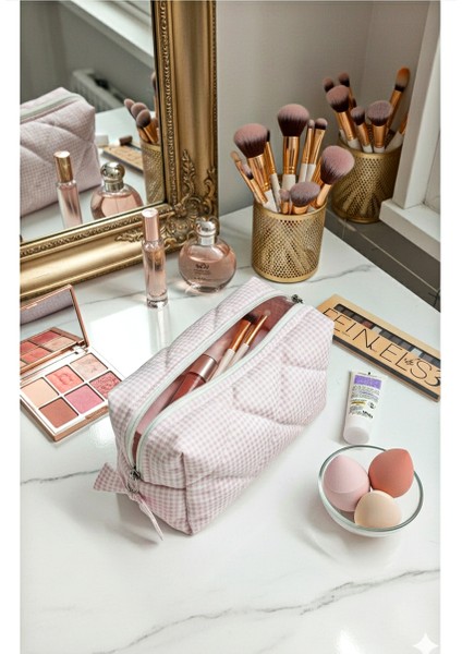 Elyaf Dolgulu, Şık Kareli Makyaj Çantası Büyük Boy 23X10