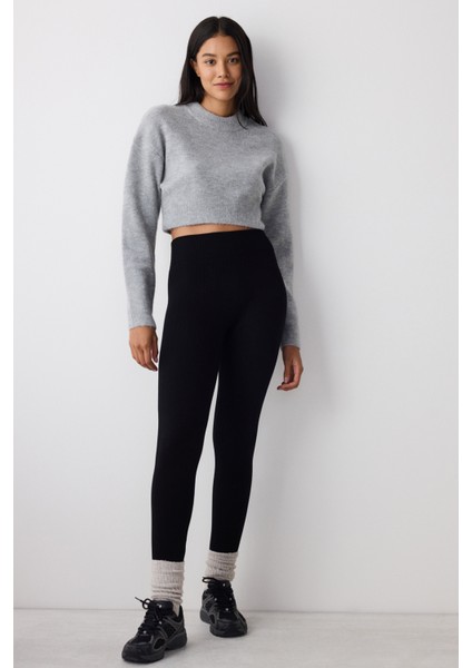 Siyah Dikişsiz (Seamless) Sıcak Tutan Termal Etkili Yüksek Bel Tayt