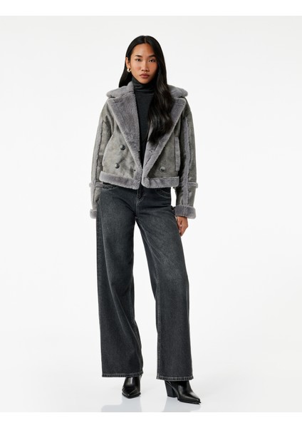 Uzun Kollu Cepli Içi Suni Kürklü Kruvaze Süet Görünümlü Ceket fiyatları