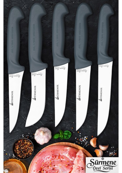 Sürmene Gri Serisi Mutfak Bıçak Seti Yüzme Sıyırma Kasap Et Ekmek Sebze Bıçağı 5 Li Set HDS-106