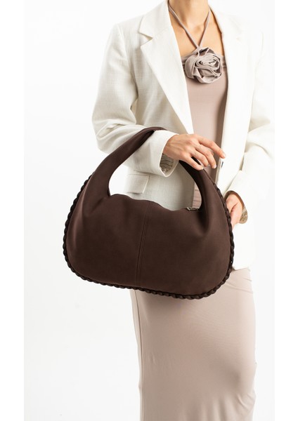 Nova Örgü Kenarlı Süet Büyük Boy El ve Omuz Çantası