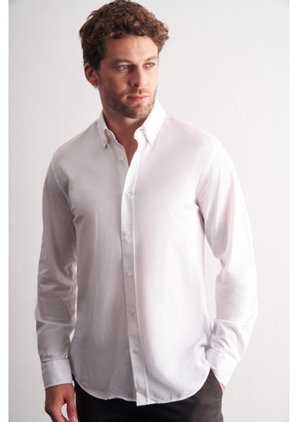 Beyaz Düğmeli Yaka Kendinden Desenli Örme Uzun Kol Performans Ürün Slim Fit %100 Pamuk Gömlek 1004255272 fiyatları