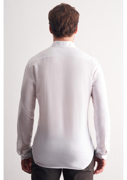Beyaz Düğmeli Yaka Kendinden Desenli Örme Uzun Kol Performans Ürün Slim Fit %100 Pamuk Gömlek 1004255272 fırsatları