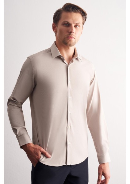 Bej-Beyaz Sert Yaka Çizgili Desen Uzun Kol Slim Fit Esnek Gömlek 1004255176