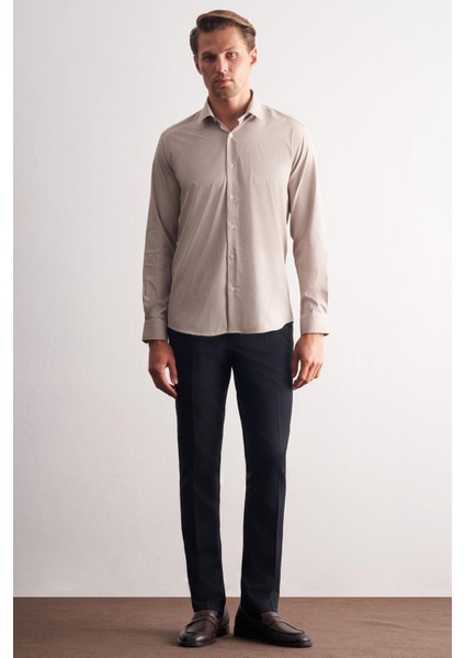 Bej-Beyaz Sert Yaka Çizgili Desen Uzun Kol Slim Fit Esnek Gömlek 1004255176 fiyatları
