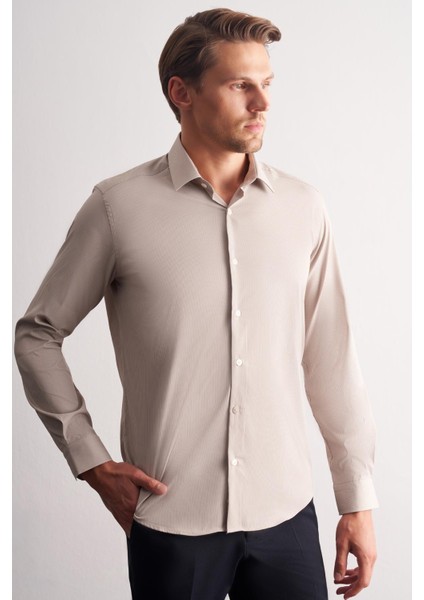 Bej-Beyaz Sert Yaka Çizgili Desen Uzun Kol Slim Fit Esnek Gömlek 1004255176 modelleri