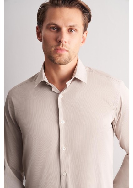 Bej-Beyaz Sert Yaka Çizgili Desen Uzun Kol Slim Fit Esnek Gömlek 1004255176 fırsatları