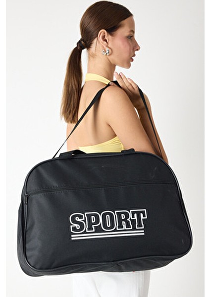 Kadın Siyah Büyük Boy Önü Fermuarlı Baskılı Spor ve Seyahat Omuz Çantası