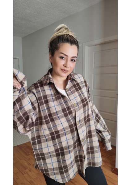 Pamuklu Ekose Oduncu Kadın Gömlek Oversize
