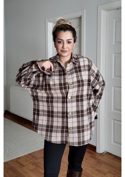 Pamuklu Ekose Oduncu Kadın Gömlek Oversize