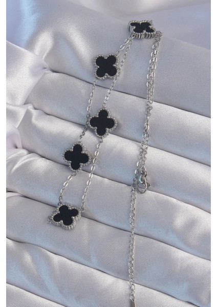 316L Çelik Gümüş Renk Siyah Mineli Yonca Kolye - TJ-BKO8997 fiyatları