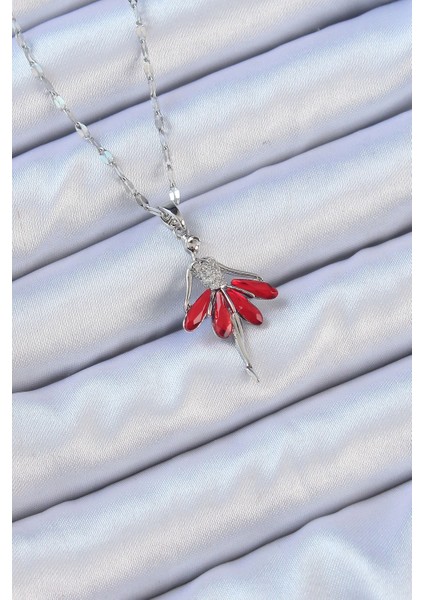 316L Çelik Zincir Gümüş Renk Kırmızı Etekli Zirkon Taşlı Balerin Kolye - TJ-BKO9100