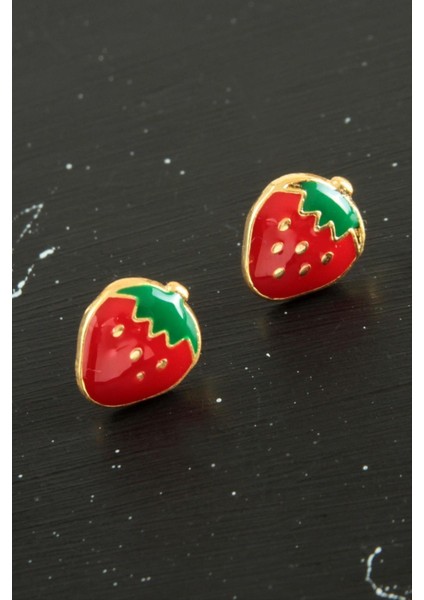 Nrtmsa Çilek Mineli Minik Küpe-Kırmızı