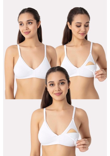 3 Adet Beyaz Kadın Pamuklu Emzirme Sütyeni Balensiz Hamile Lohusa Esnek Yumuşak Kumaş