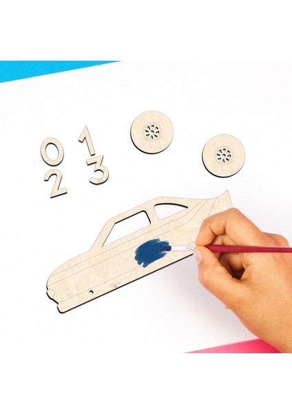 Yarış Araba Ahşap Boyama Etkinlik Seti Eğitici Çocuk Aktivite Fırça + Akrilik Boya Kreş Okul Öncesi