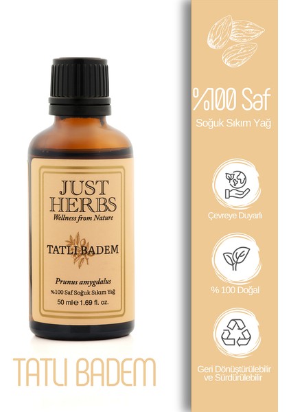 Tatlı Badem Yağı 50 ml %100 Saf ve Doğal Soğuk Sıkım Prunus Amygdalus Oil