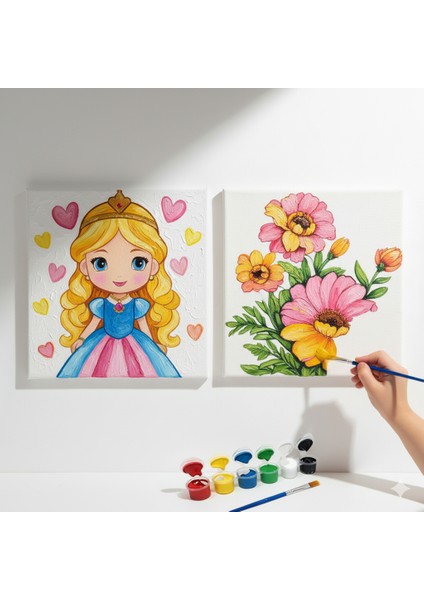 TATİL-KARNE HEDİYESİ 2'li Tuval Boyama Seti 20X20 cm Uv Baskı 6 Akrilik Boya 1 FIRÇA-MODEL-320